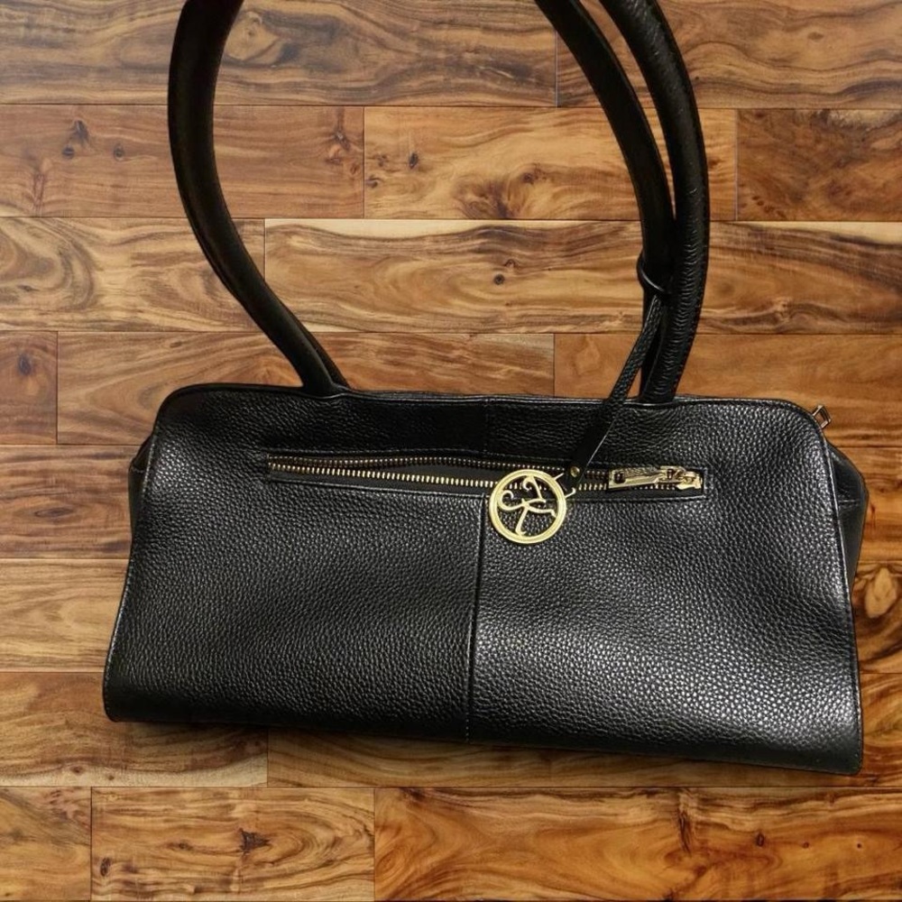 Black Pebbled Shoulder Bag with Gold Accent